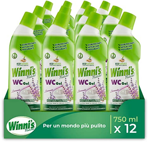 Winni's - WC Gel, Detergente Liquido per Sanitari, Azione Disincrostante, Anticalcare e Profumante, Fragranza alla Lavanda, con Materie Prime di Origine Vegetale e Bio, 750 ml x 12 Confezioni