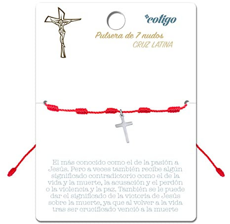cotigo Armband mit 7 Knoten - rotes Kreuz aus Edelstahl - Glücksbringer und Schutz - Verstellbar - Unisex - Rot