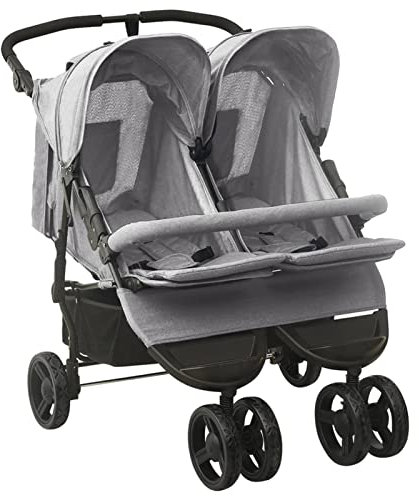 Geschwisterwagen, BULANED ZwillingsBabywagen, Geschwisterbuggy, DoppelBabywagen, Double Stroller, Hellgrau Stahl