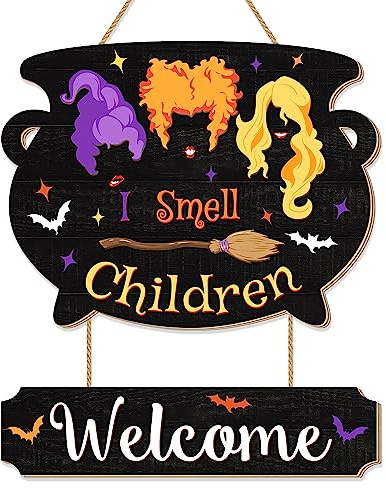 Halloween Hocus Pocus Türschild I Smell Kinder Hängeschild für Haustür, Willkommen Holz Türhänger Kranz für Halloween Party Home Dekorationen Wanddekoration 2 Teile (Schwarz)