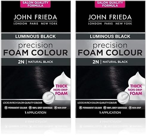 John Frieda Precision Foam Colour 2N, Luminous Natural Black, Salon-Finish Permanent Black Hair Dye, Black Hair Colour, 100% Grey Coverage (Pack of 2)