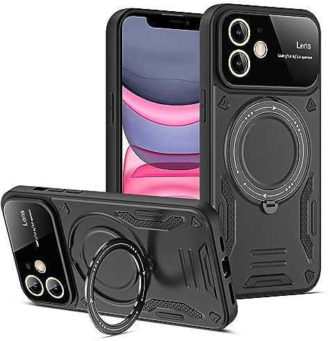 Unichthy Magnetic Case for iPhone 11 with MagSafe |Built-in 360 Rotate Ring Stand| |Integrated Camera Cover| Full-Body Rugged Shockproof Hybrid Cover Support Magsafe Charger for iPhone 11 Black