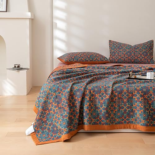 Purefair Musselin-Decke aus 100% Baumwolle, Jacquard, Bohemian-Mandala-Blumendruck, weiche Tagesdecke/Steppdecke, 3-lagig, wendbar, atmungsaktiv, leicht, für Einzelbett (150 x 238 cm), kein