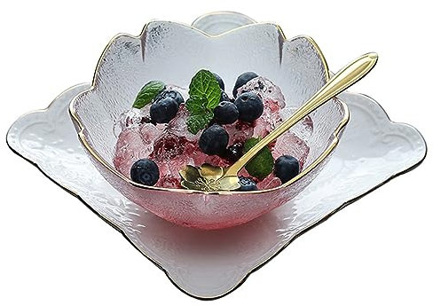 OUSIKA Japanese Style Cherry Blossoms Glass Bowl, Lovely Cereal Dessert Bowl Set with Spoon,Ceramic Square Plate Creative Glass Fruit Salad Bowl Breakfast Cup Plate