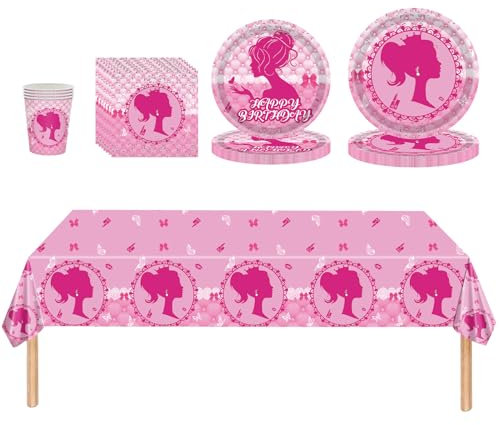 69Pcs Hot Pink Party Tableware Set,Plastic Bar-bie Tablecloth,Hot Pink Paper Plates Napkins and Cups for Bar-bie Party Table Decorations,Disposable Dinnerware Set for Girls Birthday Party Supplies