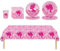 Juego de 69 piezas de vajilla de fiesta rosa intenso, mantel de plástico para bar, platos de papel rosa intenso, servilletas y tazas para decoración de mesa de fiesta de bar, juego de vajilla