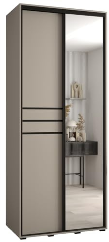 MEBLE KRYSPOL Dakota 11 Schrank mit Zwei Schiebetüren - Moderner Kleiderschrank mit Spiegel, Kleiderstange und Regalen - 235,2x120x45cm - Kaschmir Schwarz
