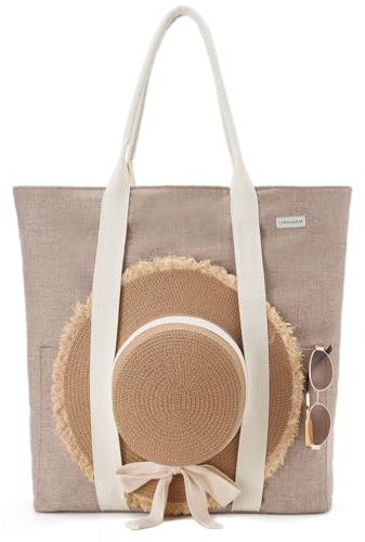 Caracaleap Große Strandtasche mit Reißverschluss Beach Tote Bag - Strandtasche Damen xxl Familie Umhängetasche Reisetasche für Frauen mit Sonnenhut-Halterungsriemen Beige