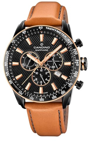 Candino Swiss Herrenuhr Analog aus Leder Braun | Chronograph, Kalender, Widerstandsfähiges Saphirglas, Wasserdicht 10 ATM Elegant C4759/1 Gents Chrono Timeless