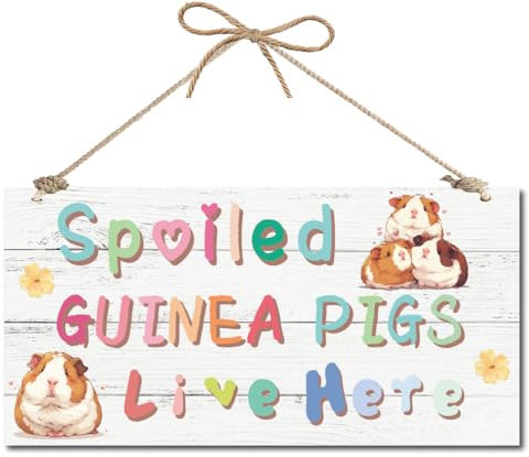 CREATCABIN Meerschweinchen-Hängeschild,Bauernhof-Türschild,Hof-Hängeschild,Holz,Rustikales Dekor,Vintage-Hausdekoration,Geschenk Für,Freunde,Geburtstag,30x15cm,Hier Leben Verwöhnte Meerschweinchen
