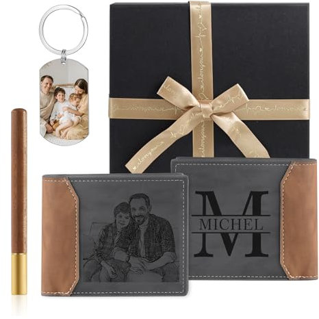 Wamantic Cadeau Personnalisés Homme: 3 en 1 Ensemble de Cadeaux Portefeuille Photo Personnalisé Coffret Cadeau avec Porte-clés Signature Stylo Cadeau de Fête des Pères, Saint-Valentin(Style-1)