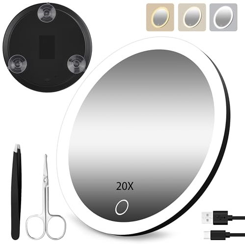 JJhxr Miroir grossissant 20x avec lumière, Miroir de Maquillage de Voyage avec 3 luminosités réglables, Miroir grossissant de Maquillage 6 avec lumière, Miroir grossissant 20x pour Le Maquillage