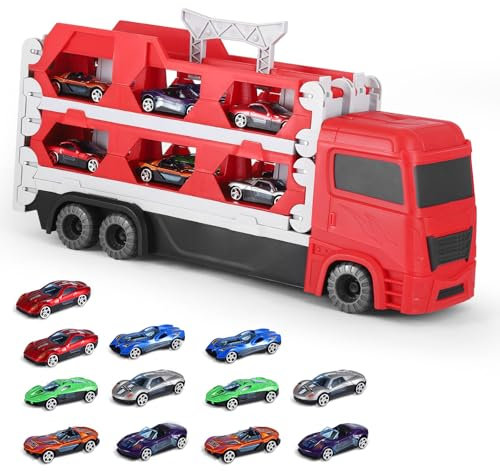 Race Track Truck Toys, 65 inch Transporter Truck Toy with 12 cars, Foldable Ejection Race Track Toys Vehicles Toys Set Cars Gifts for Kids 2 3 4 5 Year Old Boys
