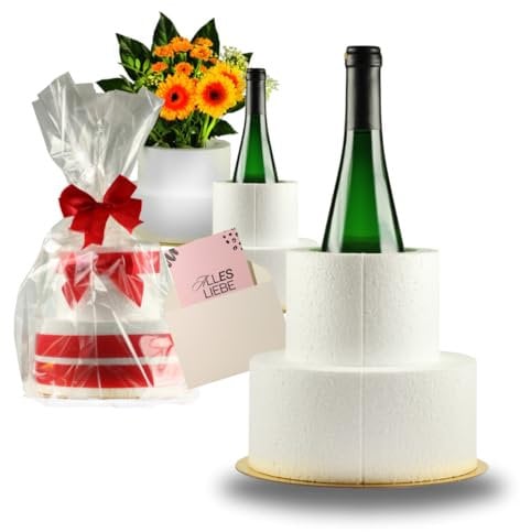 LA LILEYN Polystyrene Cake 2 Tier with Cut-Out for Bottle, Flowers & More - Includes Double Sided Tape, Gold Base - Craft Box - Smart Gift (Craft Box with Cutout)