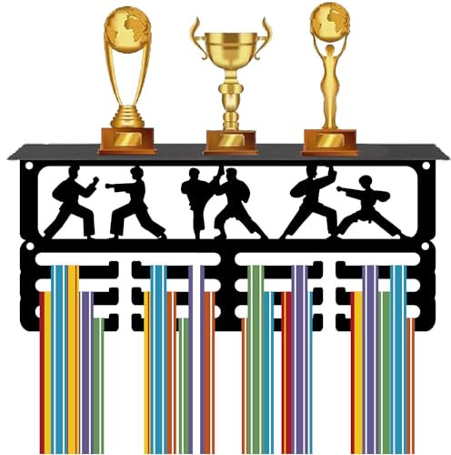 CREATCABIN Karate Medaillen Trophäen Ausstellungsregal Medaillenaufhänger Ausstellungsregal Mit Hakenständer Sport Wandhalterung Für 70+Medaillenhalter Aufhänger Metall Medaillen Organizer 29x13x10cm
