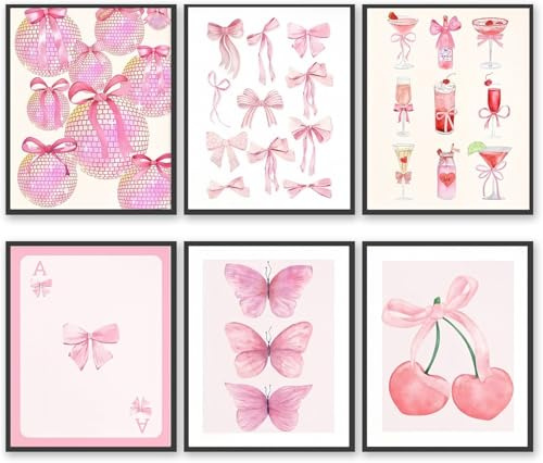 Linilioart Adrette rosa Wandkunst-Poster, Set mit 6 ästhetischen Bildern, dänisches Pastell-Dekor für Teenager, Mädchen, Schlafzimmer, ungerahmt (20 x 25 cm)