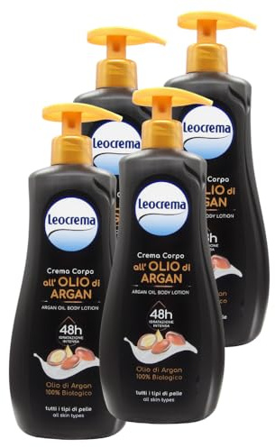 Crema Corpo ALL'OLIO DI ARGAN, Per Tutti i Tipi Di Pelle. Garantisce 48h Di Idratazione Intensa, Non Unge e Si Assorbe Rapidamente 500ml (4 Flaconi)