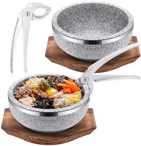 Lallisa Dolsot Bibimbap Steinschale mit Holzboden und Aluminiumzange, Dolsot Pot Steinschalen brutzelnder heißer Topf für koreanische Restaurants, Suppe, Reis, Eintopf (907 ml)