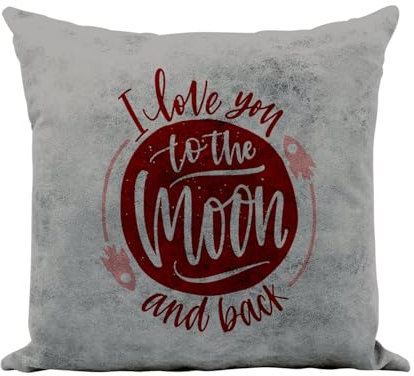 Kissen aus Kunstleder, grau, I Love You To The Moon and Back Mond, Illustration Rakete Liebe, 40 x 40 cm, Leder-Haptik, inkl. Bezug und Kissen