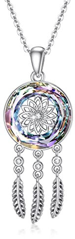 PARYFO Traumfänger Halskette 925 Sterling Silber Traumfänger Anhänger mit Kristall Feder Anhänger Traumfänger Schmuck Geschenke für Frauen Mädchen, Sterling Silber