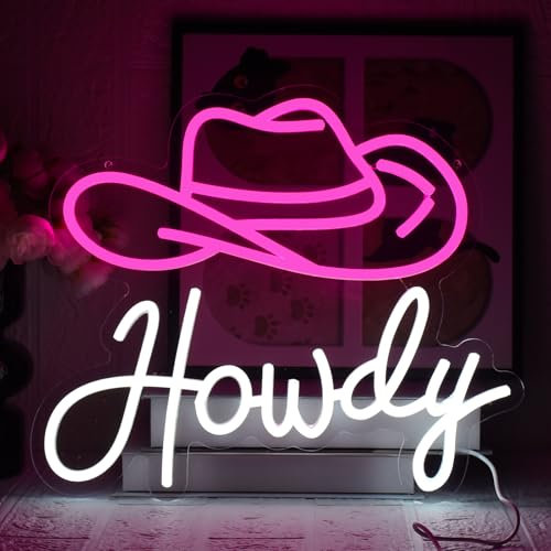UExnkj-Y Cowboy Hut Neon schild Howdy Neonschilder Rosa Weiß Leuchtreklame mit USB Dimmbar Neon Sign Zeichen für Schlafzimmer, Spielzimmer, Hotel, Bar, Studio, Wanddekoration