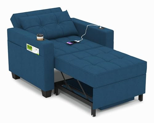 DURASPACE 99cm Schlaferstuhl, 3-in-1 umwandelbarer Stuhl Bett, ausziehbarer Schlafsessel, Schlafsofa mit USB-Anschlüssen, Seitentasche, Getränkehalter für kleinen Raum, Blau