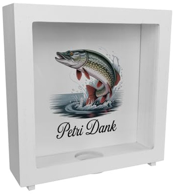Petri Dank Rahmen Spardose aus Holz mit prächtigem Hecht für Angler für Angler mit schönem Spruch für die Anglerhütte Angelverein