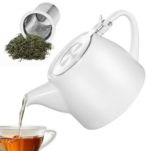 PORFOYO Théière avec infuseur à thé en céramique 500 ml avec infuseur amovible en acier inoxydable et céramique - Infuseur à mailles fines - Porcelaine pour profiter plus longtemps du thé (blanc)