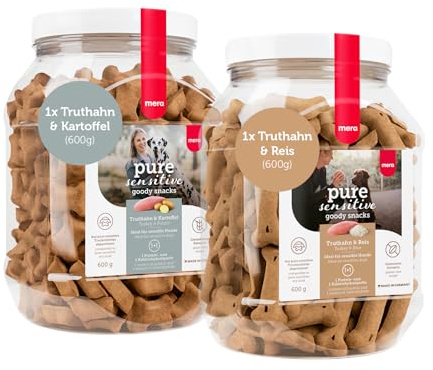 MERA Pure Sensitive Truthahn & Reis + Truthahn & Kartoffel je 600g Snacks | Getreidefreie Hundeleckerli mit hochwertiger Rezeptur - ideal für sensible Hunde, als Trainingsleckerli & Belohnung geeigent