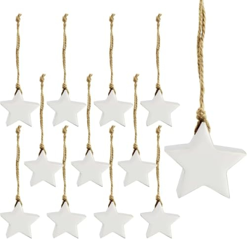 Farmhouse Star Ornaments (12-Pack, White); Wood White Enamel 2-Inch Star Christmas Decorations, Retro Vintage Enamelware Style