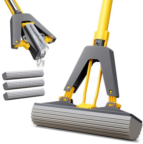 OZD Sponge Mop, Floor Mops with 3 Replaceable PVA Sponge Heads, Stainless Steel Handle & Hands-Free Wringer Squeezy Mops, Super Absorbent for Hardwood, Laminate, Tile Floors Cleaning