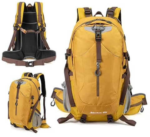 Bergsteigerrucksack, leichter Rucksack aus Oxford-Gewebe, wasserdicht, abnehmbar als Freizeitrucksack, 40L, inklusive Regenhülle, geeignet für Outdoor-Aktivitäten, Reisen und Camping (Gelb)