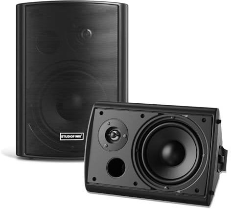 Enceintes murales STUDIOFINIX 5,25 po, 300W, Bluetooth 5.1, étanches, Multi-Enceintes Sync, télécommande IR, intérieur/extérieur, terrasse, Garage, Maison, Jardin (501BLE, Noir, Paire)