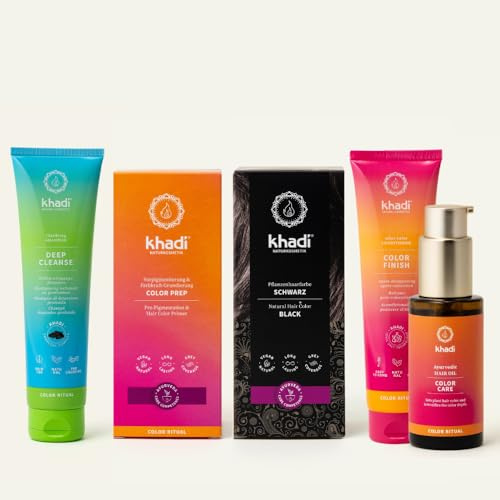 khadi ColorCycle NEGRO Kit completo - Tinte vegetal para el cabello + DEEP CLEANSE Champú clarificante ayurvédico + COLOR FINISH Acondicionador para después del tinte + Aceite capilar COLOR CARE + COL