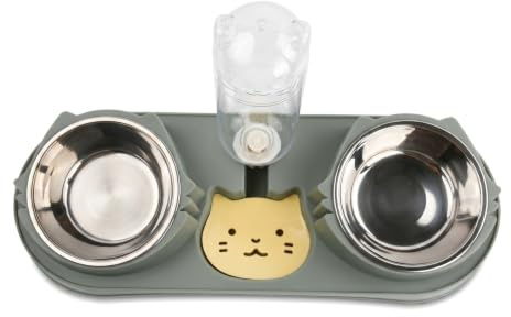Novocloud Gamelles 3 en 1 pour Chat, Double Gamelles avec Bouteille d'eau Automatique, Anti-Vomissements Bols en Acier Inoxydable Inclinée à 15° pour Animaux de Compagnie