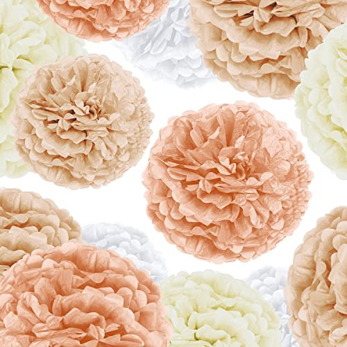 EPIQUEONE Party-Set mit Pompons aus Papier; Geburtstagsfeierdekorationen Brautparty Babyparty Einfach zu montieren und zu installieren; Weiß, Elfenbein, Pfirsich und Champagner 20 Packungen (1 Stück)