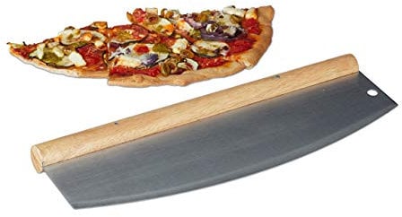 Relaxdays Pizza Wiegemesser, Edelstahl Pizzaschneider mit Holzgriff, 1 Klinge mit Schutzhülle, HxB: 12 x 35 cm, silber