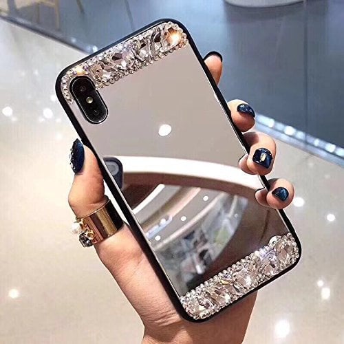 Shinyzone Mirror Case for iPhone X,Luxury Sparkly Diamond Handmade Hard PC Back Shell,Fashionable Women Makeup Mirror Cover for iPhone X,Diamond Mirror