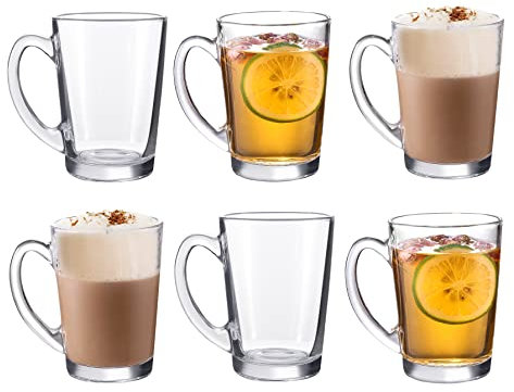 Royal Cuisine Set of 6 Heat Resistant Handled Black/Green Tea Cups Cappuccino/Coffee Latte Milk iced Coffee Glass Mugs Great Gift for Espresso hot Chocolate Tea Lovers 295ml