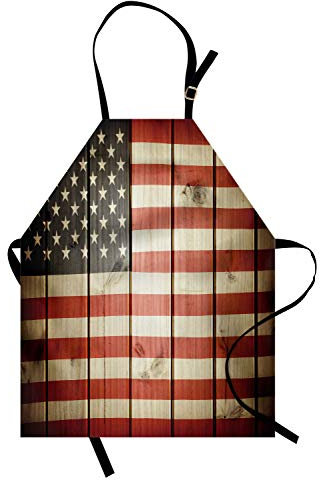 ABAKUHAUS Bandera Estadounidense Delantal de Cocina, Diseño De La Bandera De Madera, Altura Ajustable Apto Lavadora Colores Perdurables, Azul Rojo