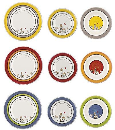 Egan Piatto Collezione Le Casette. Oggetto Realizzato in Porcellana Multicolore. Dimensione: 6 Fondi da 21 cm, 6 Piani da 26,5 cm e 6 Dessert da 20 cm. La referenza è PLC61T/18X