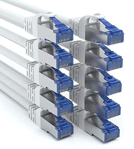 JAMEGA - 10 Stück - 2m CAT 7 Netzwerkkabel Gigabit Ethernet LAN Kabel in weiß | 10000 Mbit s | Patchkabel Cat.7 Rohkabel SFTP PIMF Schirmung RJ45 Stecker | Switch Router Modem Access Point