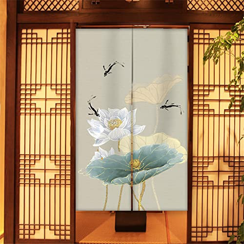 Oduo Japanischer Noren Lang Vorhang Türvorhang, Gardinen Tür Vorhang Tapisseri Samt kurz Vorhänge Restaurant Küche Türvorhänge, Druck im Chinesischen Stil (Weiße Seerose,85x200cm)