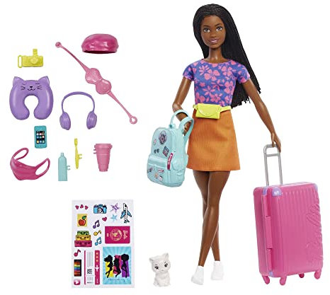 Barbie Coffret Une Vie De Citadine avec Poupée Brooklyn » Roberts Et Chaton, 10 Accessoires Et 1 Feuille D’Autocollants Jouet Enfant, Dès 3 Ans, HGX55