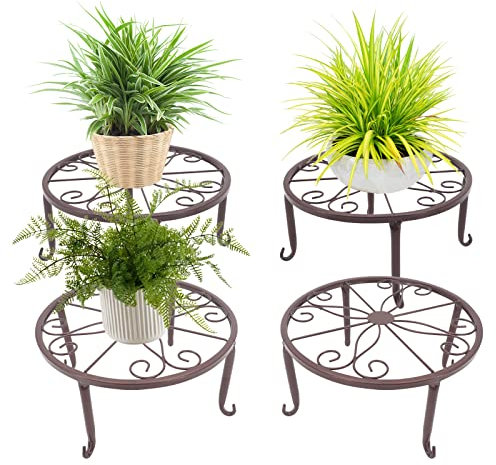 Gearific 4 soportes de metal para plantas, soporte para plantas de hierro, soporte para macetas para plantas de jardín de interior y exterior (bronce)