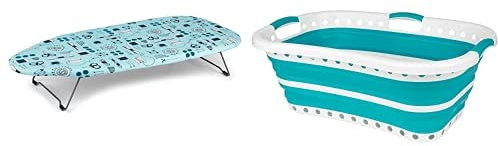 Beldray LA023735SEW Table Top & Desk Ironing Board, 73 x 31cm + Beldray LA072979TQEU Collapsible Hip Hugger Laundry Basket