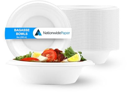 Nationwide Paper 8oz 50pcs White Bagasse Sugarcane Disposable Bowls, Strong Biodegradable Bowls for Hot Food, Soup, Salad (240ml)