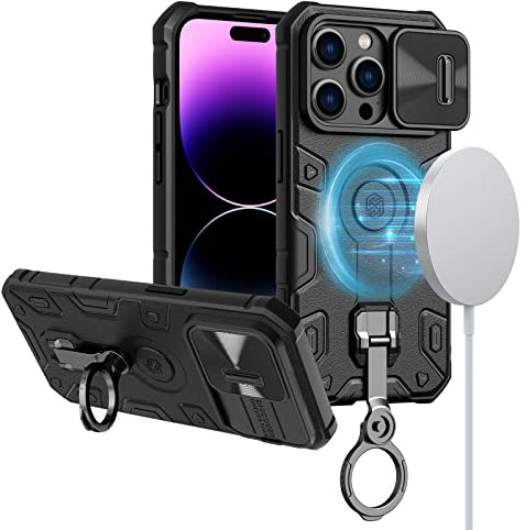 Nillkin Custodia per iPhone 14 Pro Compatibile con MagSafe, CamShield Armor Magnetica Custodia con Protezione antiscivolo Fotocamera e Supporto Anello Pieghevole 360° e 180° (Nero)