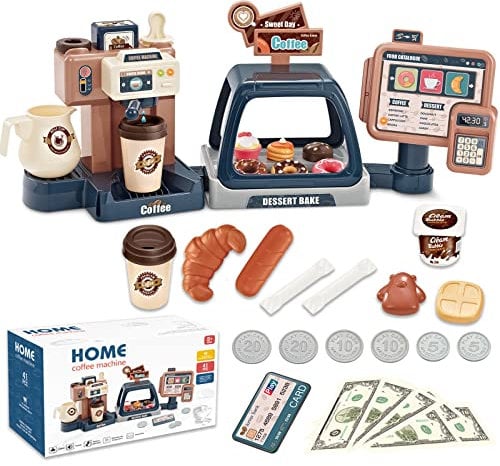Giocattolo Caffettiera Gioco di Simulazione da Cucina con Macchina da Caffè Registratore di Cassa Set di Modelli Alimentari Dessert Giochi di Ruolo per I'educazione della Bambini