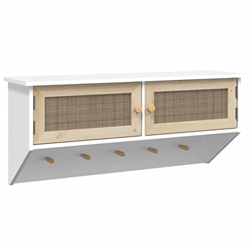 vidaXL Wandgarderobe Garderobe Hakenleiste Garderobenhaken Garderobenpaneel Kleiderhaken Garderobenleiste Weiß Holzwerkstoff und Rattan Natur